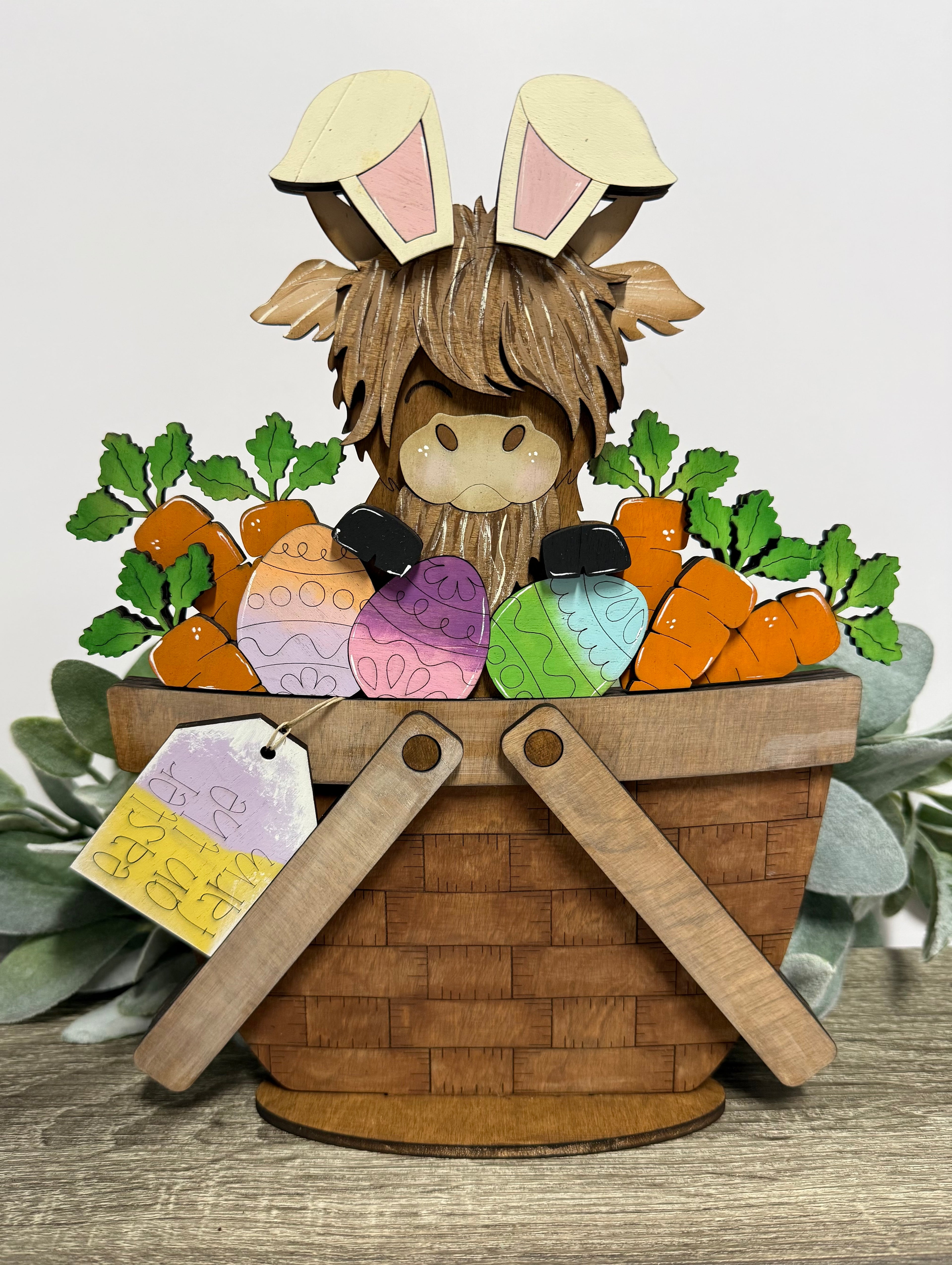 Highland Cow Easter Bunny Basket Topper-Large
